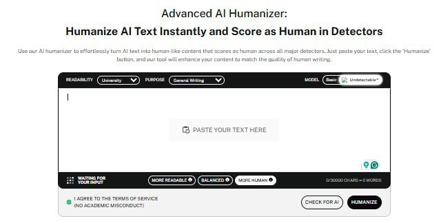 Screenshot of Advanced AI Humanizer from Undetectable AI tool interface