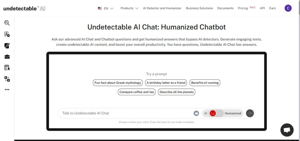 Screenshot of the Undetectable AI Chat main dashboard interface