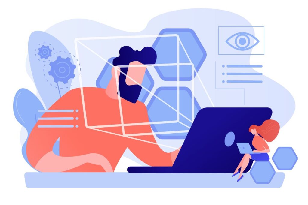 Businessman and technology measuring eye position and movement, tiny people.